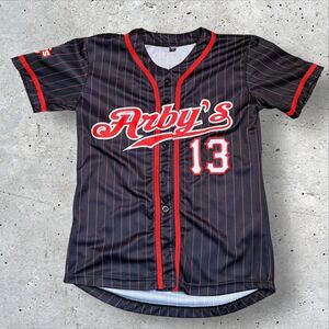 Arby’s Employee Baseball Jersey Women’s Small Black Red Pinstripe #13 “Natalie”